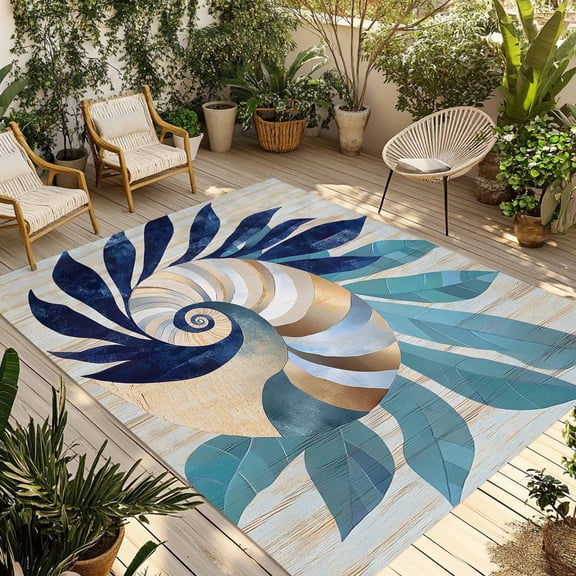 Fsddascl Navy Blue Teal Coastal Outdoor Rug for Patio/Deck/Porch, Non-Slip Large Area Rug 5 x 8 Ft, Abstract Art Nautical Ocean Conch Indoor Outdoor Rugs Washable Area Rugs, Camping Rug Carpet