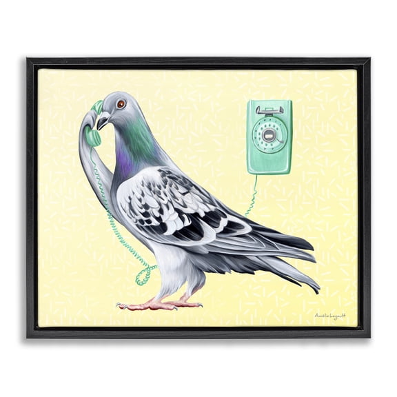 Stupell Industries Traditional Pastel Pigeon Vintage Phone Call Yellow Background Black Floating Frame Canvas Art, 31 x 25, by Amelie Legault