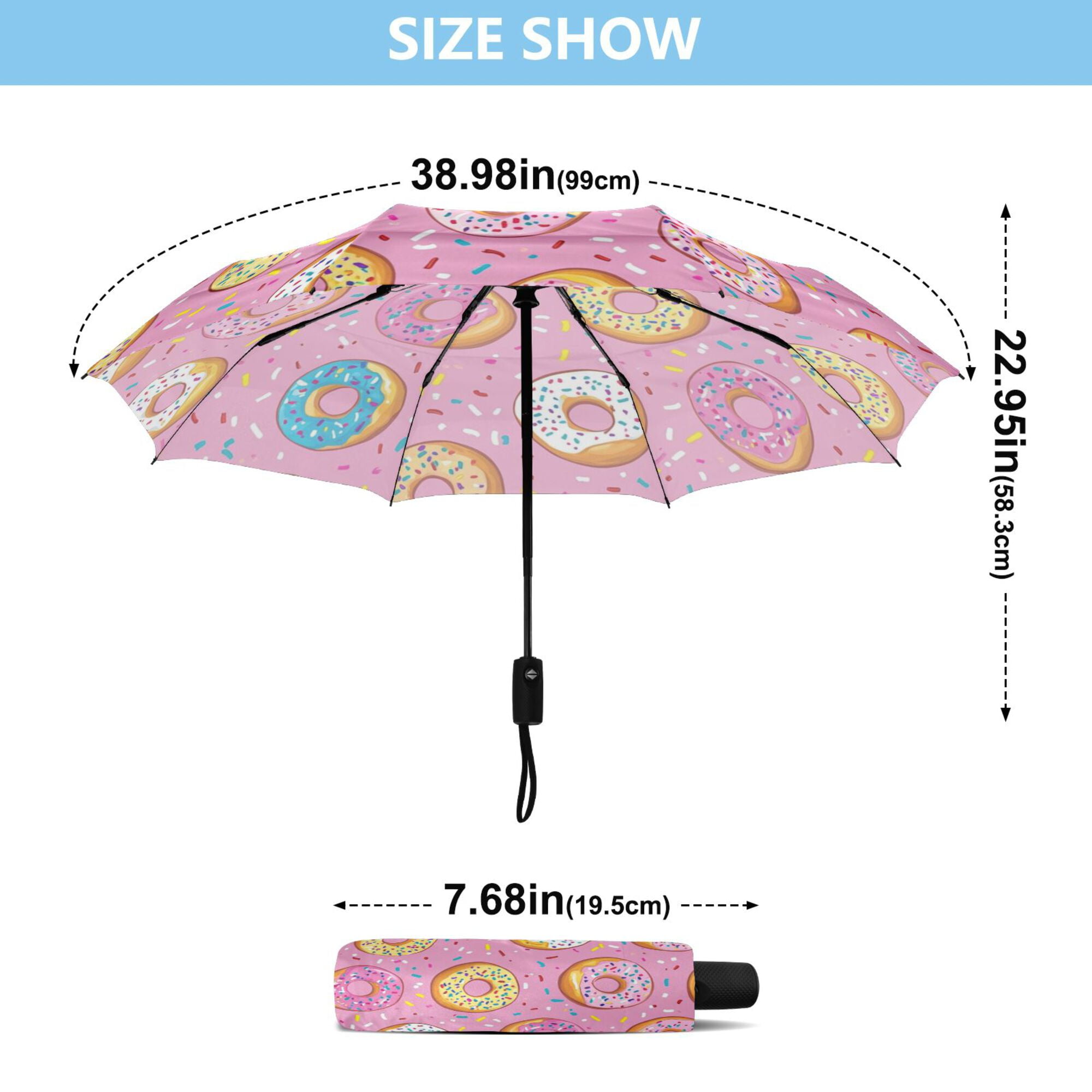 21" Inch Auto Open Close Folding Umbrella Windproof Waterproof Full Print 8-Rib Compact Travel Umbrella for Rainy Days Multicolor Sprinkled Donuts