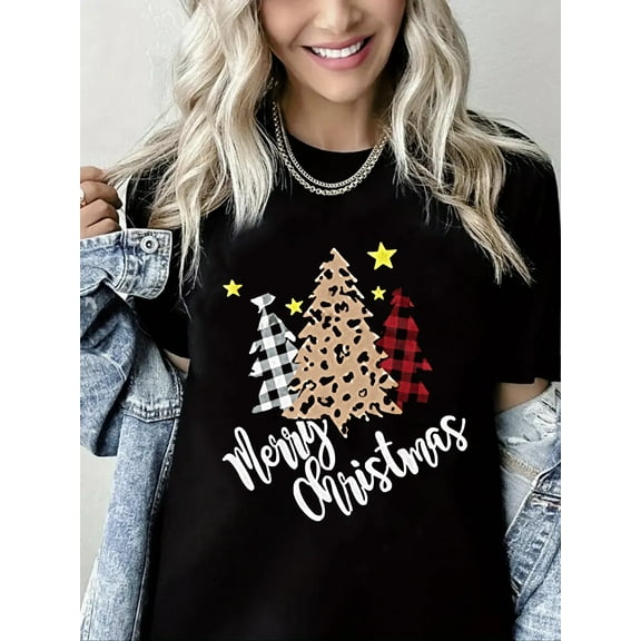 Merry Christmas Tshirt Christmas Trees and Reindeer Print Short Sleeve Shirt for Women