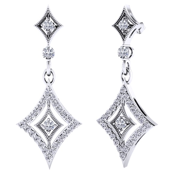 Round Cut White Natural Diamond Rhombus Drop Earrings In 14K Solid White Gold (0.59 Ct)