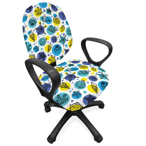 Underwater Office Chair Slipcover, Sea Conch Cockleshell Sea Shells Starfish Oysters on Abstract Circles, Stretch Decorative Fabric Cover, Standard Size, Turquoise Yellow Blue, by Ambesonne