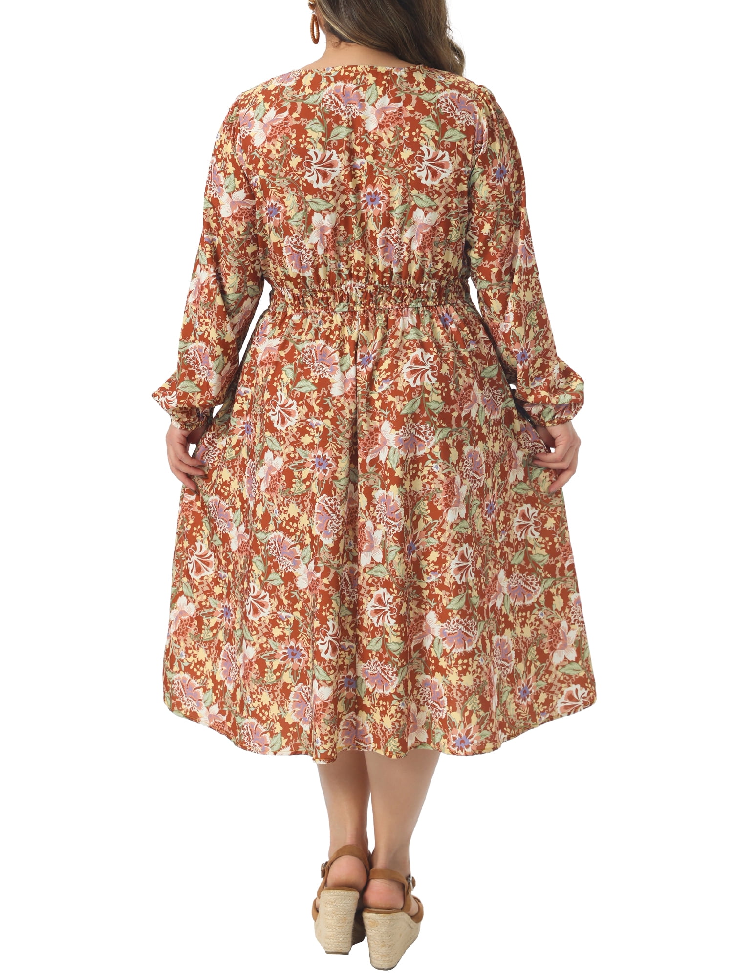 DARING DIVA Women's Plus Size Elegant Boho Floral Notch V Neck A Line Dress 4X Rust Red