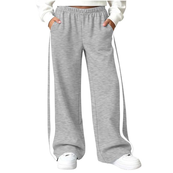 Girls Color Block Sweatpants with Pockets Elastic Waist Fashion Casual Baggy Kids Wide Leg Pants Gray 8