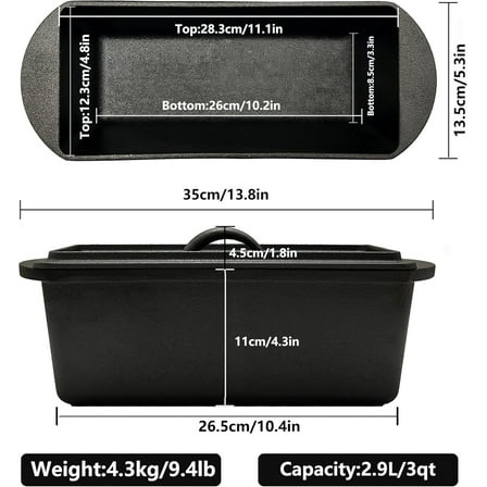 Cast Iron Bread Loaf Pan with Lid - 11x5 Inch Heavy Duty Dutch Oven for Sourdough Baking & Artisan Bread Pre-Seasoned Sandwich, 3 Quart Nonstick Loaf Pan for Home Kitchen Restaurant