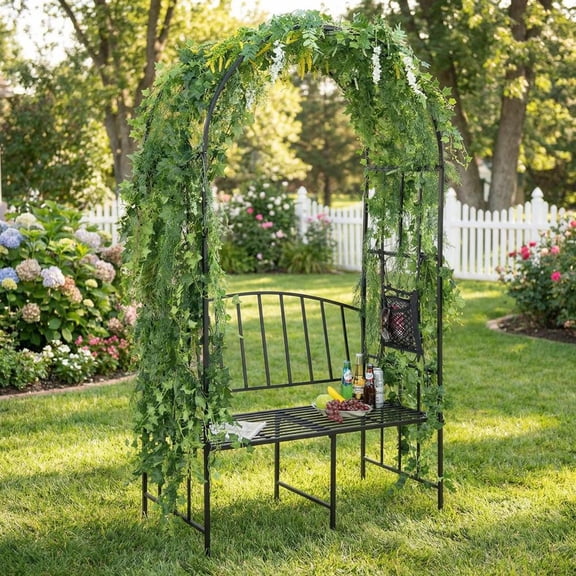 Topcobe Steel Garden Arch with 2-Seat Bench, Outdoor Patio Furniture