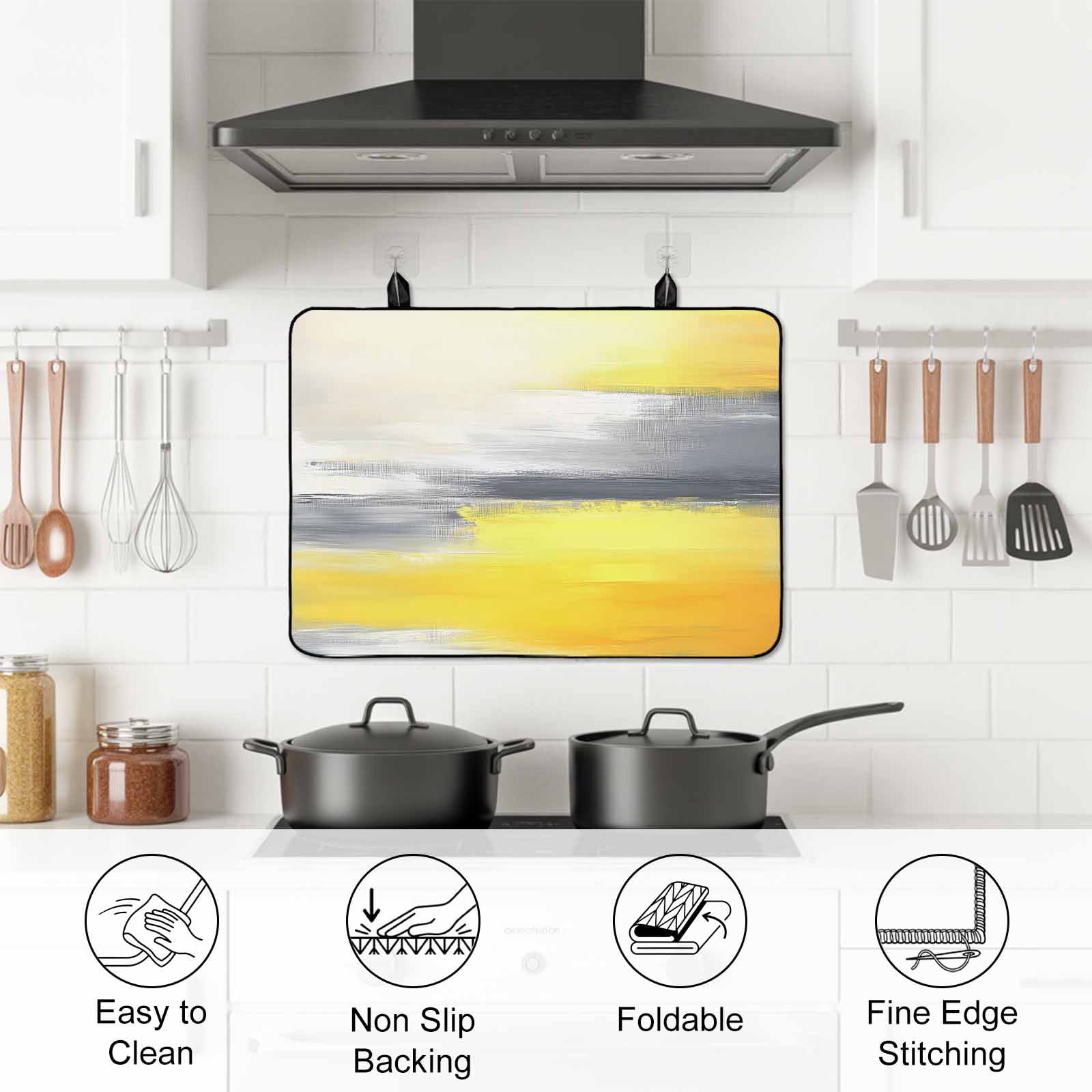 Yellow Gray Stove Top Cover for Electric Stove, Heat-proof & Non Slip Glass Top Stove Cover Protector, Contemporary Abstract Oil Painted Art Kitchen Flat Cooktop Rubber Mat 24x21 Inches