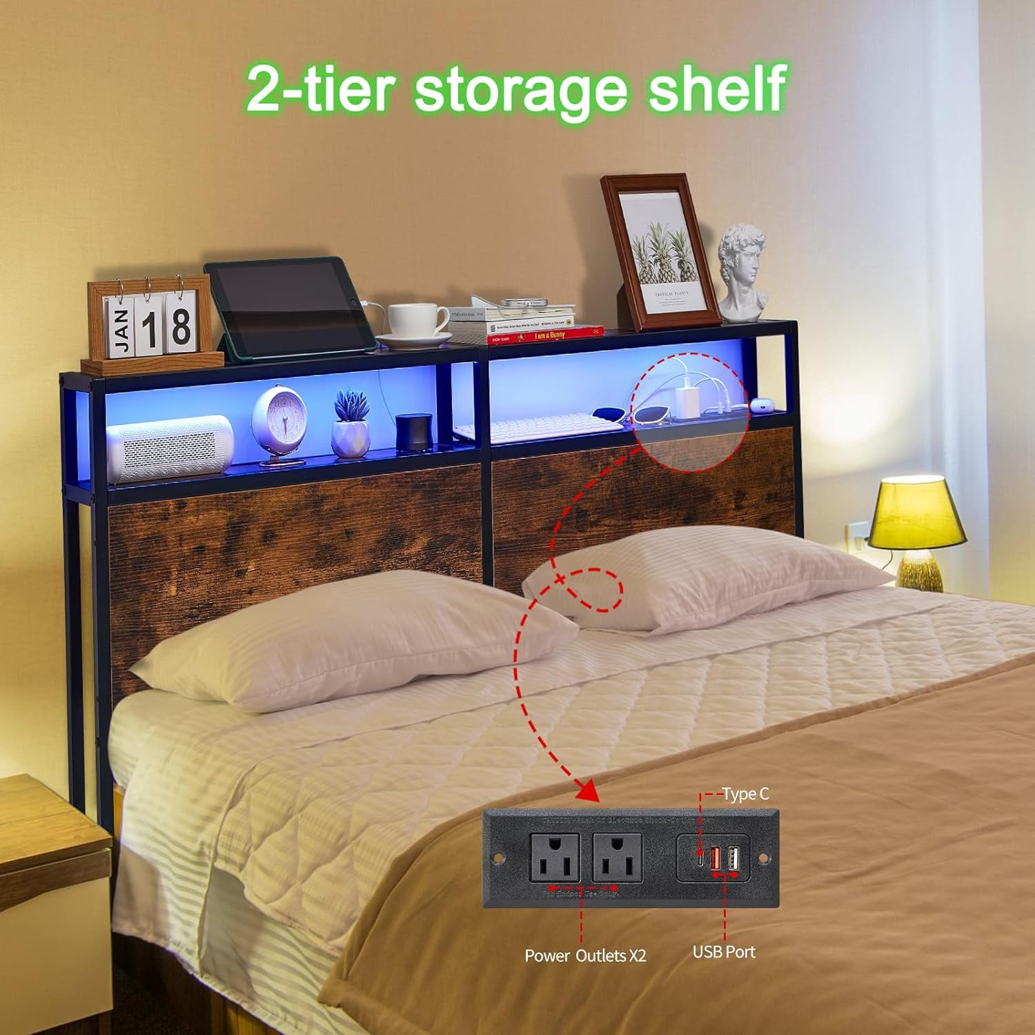 LEZASTAR Queen Adjustable Storage Headboard, Brown
