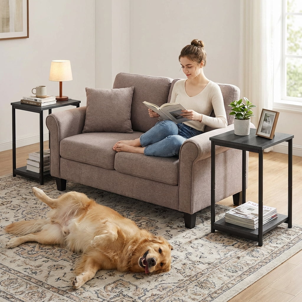 LEDREM Industrial 2-Pack Accent End Tables, Sturdy Steel Frame & Particleboard, Easy assembly, Adjustable Feet Slim Side Table, Gray and Black