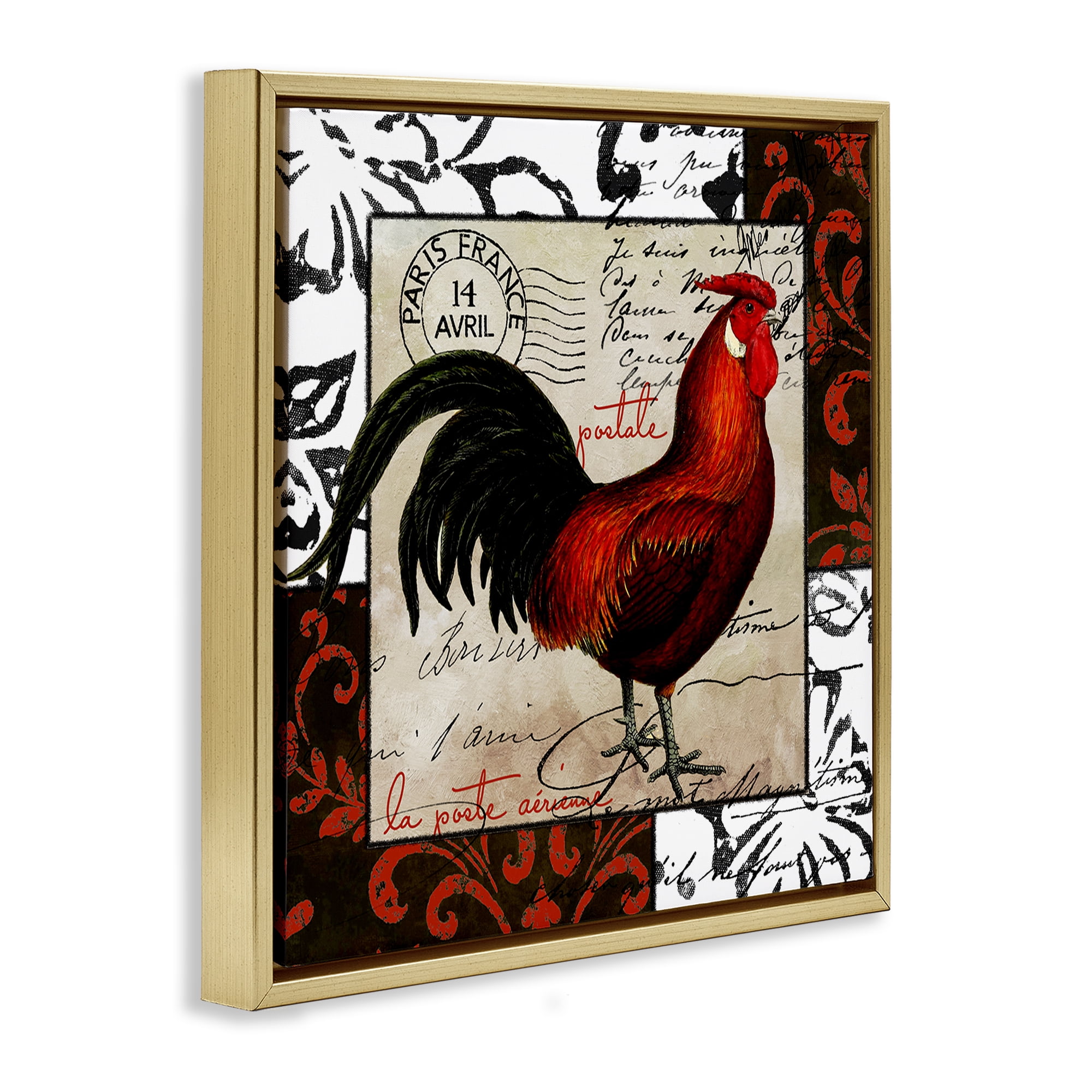 Stupell Industries Rooster & Vintage Post Animals Painting Gold Floater Framed Canvas Art Print Wall Art, 25 x 25