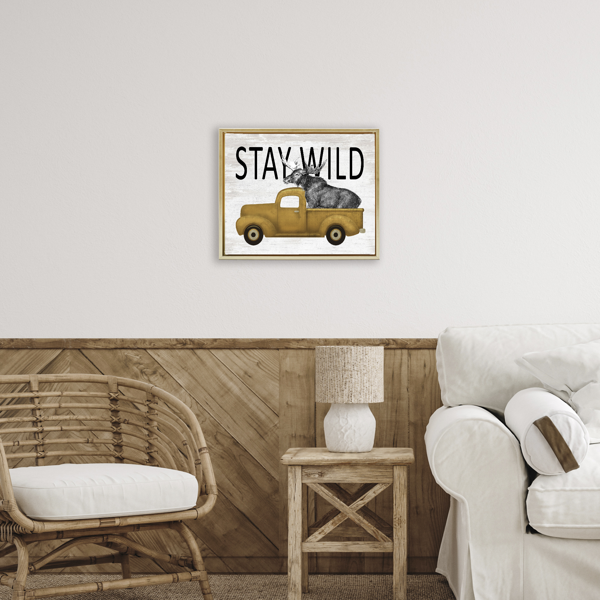 Stay Wild Moose Truck Gold Framed Floater Canvas Wall Art, design by Lettered and Lined