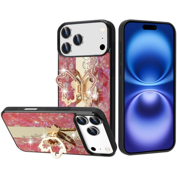 For iPhone 17 Pro Max SPLENDID Diamond Glitter Ornaments Engraving Case Cover - Enchanted Butterfly Red