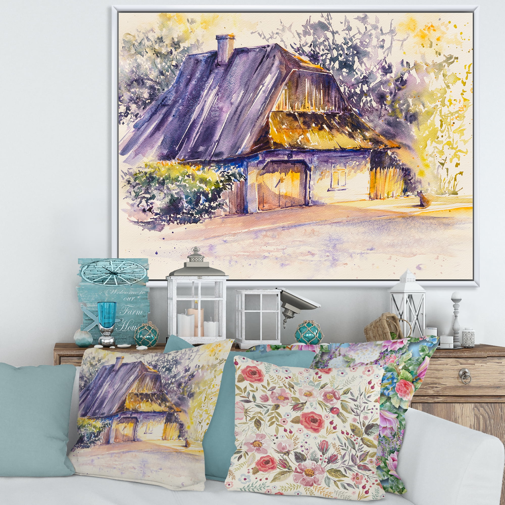 Designart 'Old Wooden White House In Country Side Village During Afternoon Glow' Traditional Framed Canvas Wall Art Print