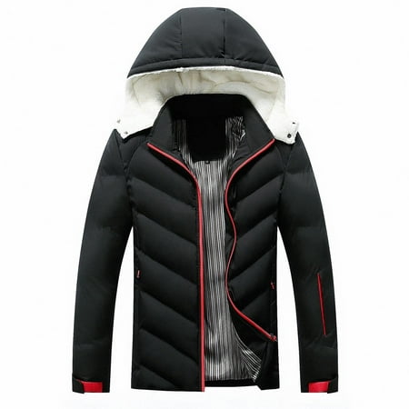 Mens Thick Puffer Jacket with Detachable Hood Padded Warm Full Zip