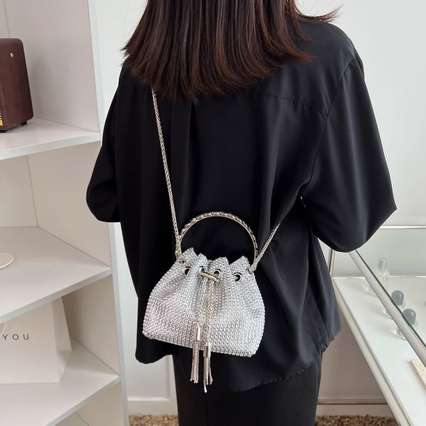 Bolso de mano de noche con borlas de diamantes a la moda, Bolso brillante con cadena con cordón para mujer