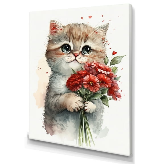 Designart Cat Love Holding Flowers Canvas Wall Art