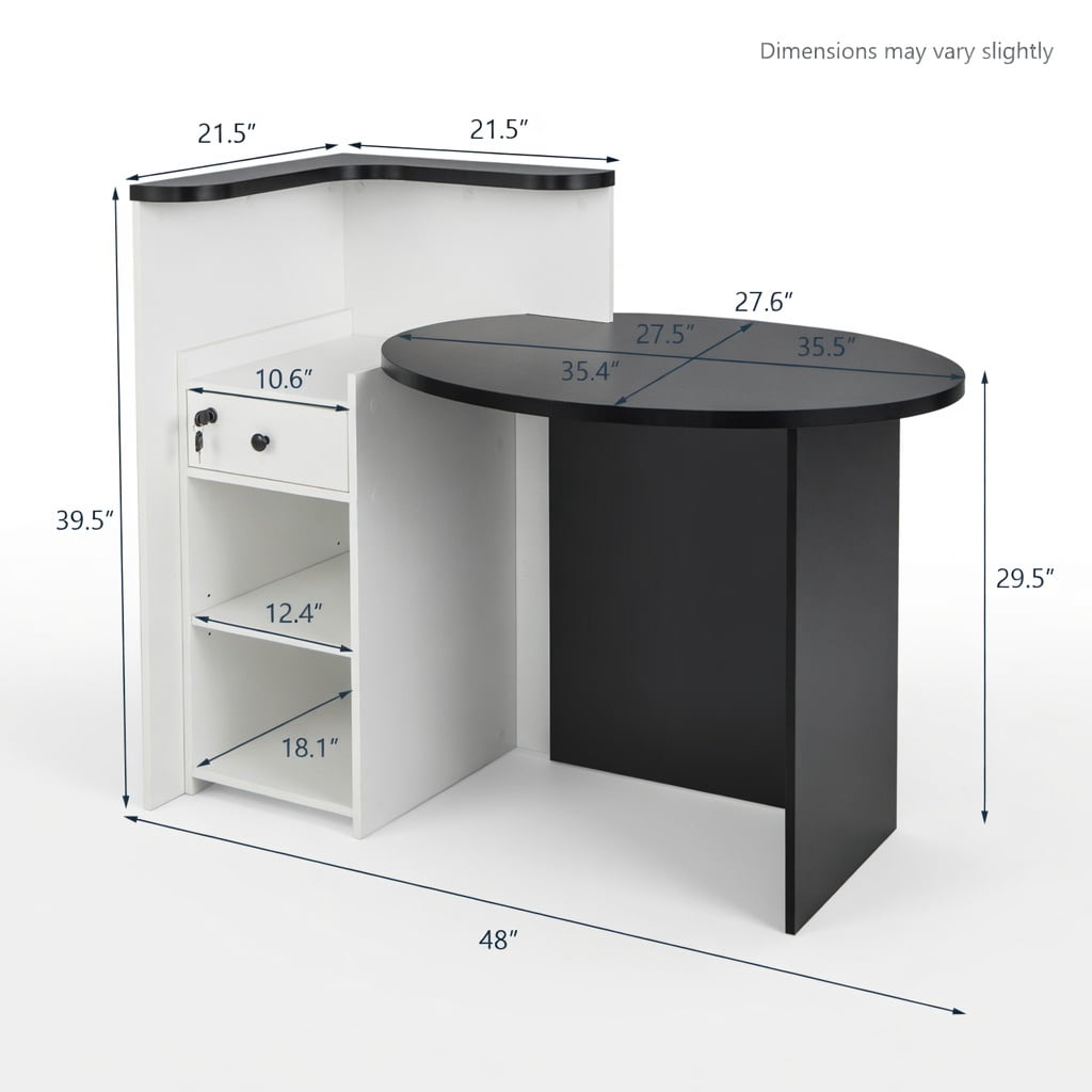 Demi Bonn Front Reception Office Desk with Open Shelf and Lockable Drawer, Small Home Computer Desk Study Writing Table, Black + White