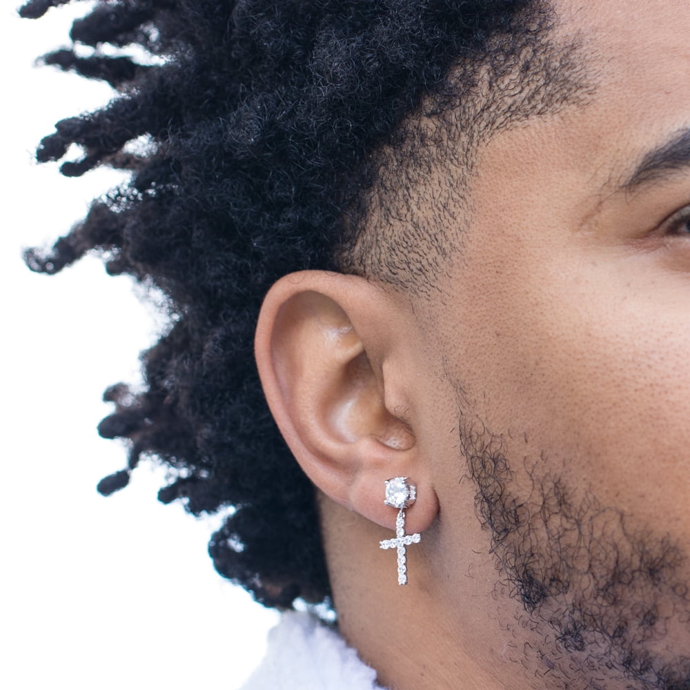 White Gold Plated 925 Sterling Silver Screw Back Post Hanging Drop Round Stud Cross Earrings for Men Women Dangle Earrings  Hip Hop Jewelry CZ Cross Dangle Earrings