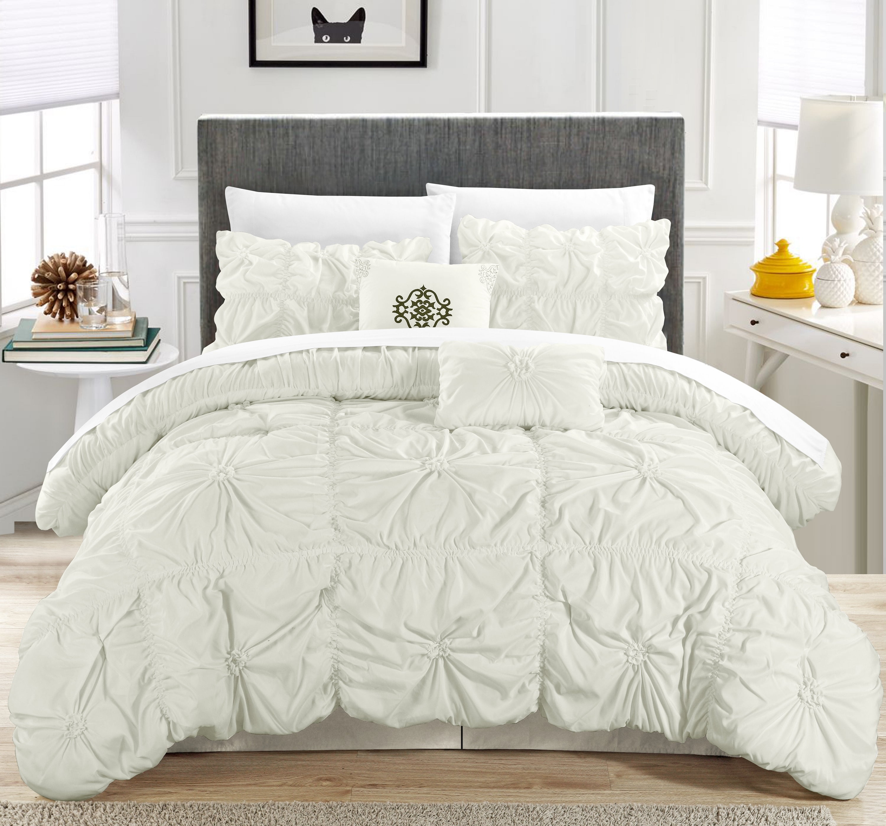 Chic Home Hyatt 10 Piece Comforter Set Floral Pinch Pleated Ruffled Designer Embellished Bed in