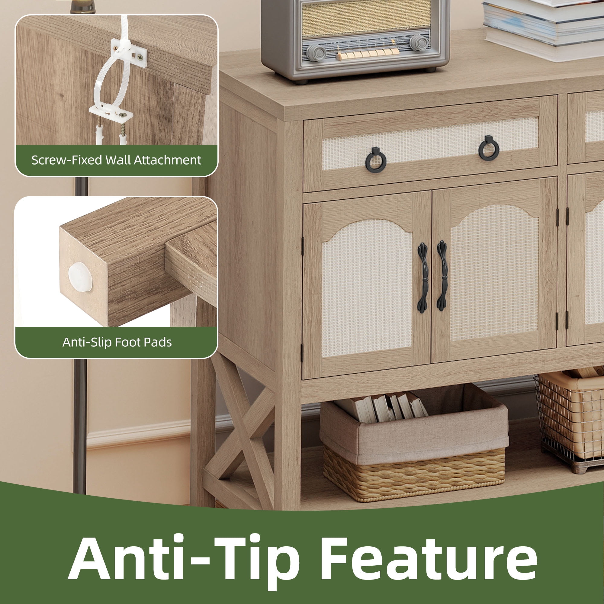 Uforic Buffet Storage Cabinet with Drawers & Doors, 47.2" Kitchen Cabinet with Adjustable Shelves, Oak