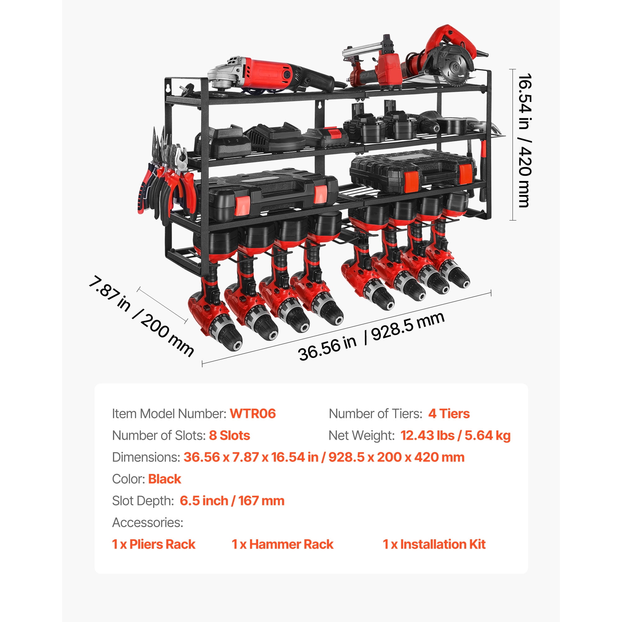 KFFKFF Wall-Mounted Power Tool Organizer, 4-Tier Storage Rack with 8 Drill Slots, Tool Holder and Rack with Screwdriver Storage, Ideal for Garage, Workbench, and Workshop Organization