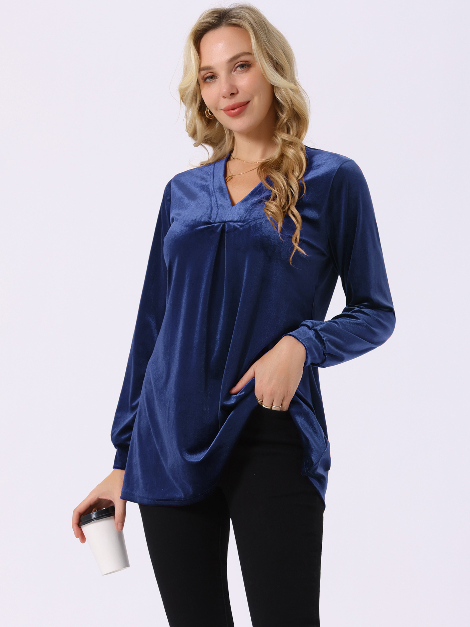 DARING DIVA Women's Velvet Top V Neck Long Sleeves Loose Blouse L Dark Blue