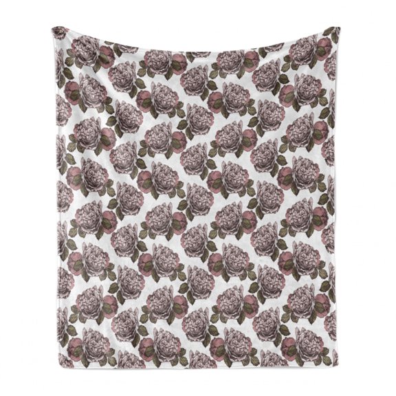 Antique Soft Flannel Fleece Throw Blanket, Hatched Sketchy Drawing of Vintage Roses, Cozy Plush for Indoor and Outdoor Use, 50" x 60", Blush Dried Rose, by Ambesonne