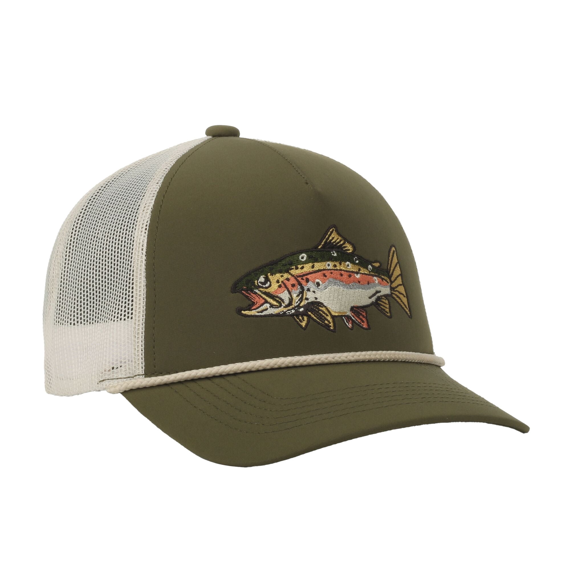 Olive/Putty Rainbow Trout 5-Panel Cap – Structured, Embroidered, Snapback, One Size