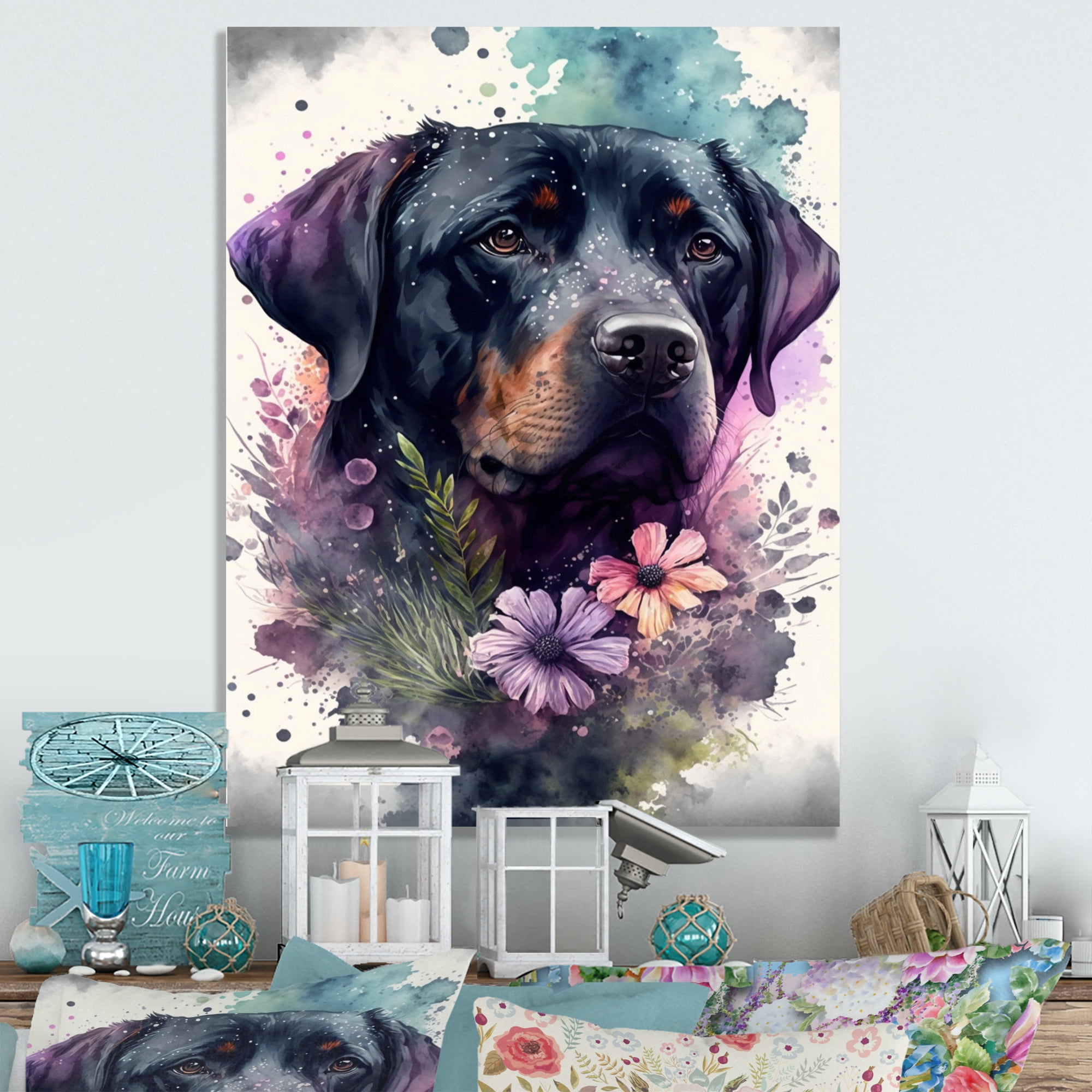 Designart Cute Rottweilers Floral Art II Canvas Wall Art