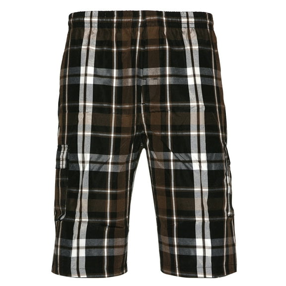 Mens Plaid Cargo Shorts Multiple Pockets Drawstring Casual Lose Fit, Grey/Blue/White, 2XL