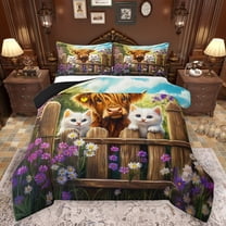 Castle Fairy Animal Cats Highland Cow 3 Pieces Queen Comforter Set for Boys Girls,Rustic Farmhouse Ultra Soft Bedding Sets,Chic Floral Flowers Daisy Bedding Comforter Set Breathable