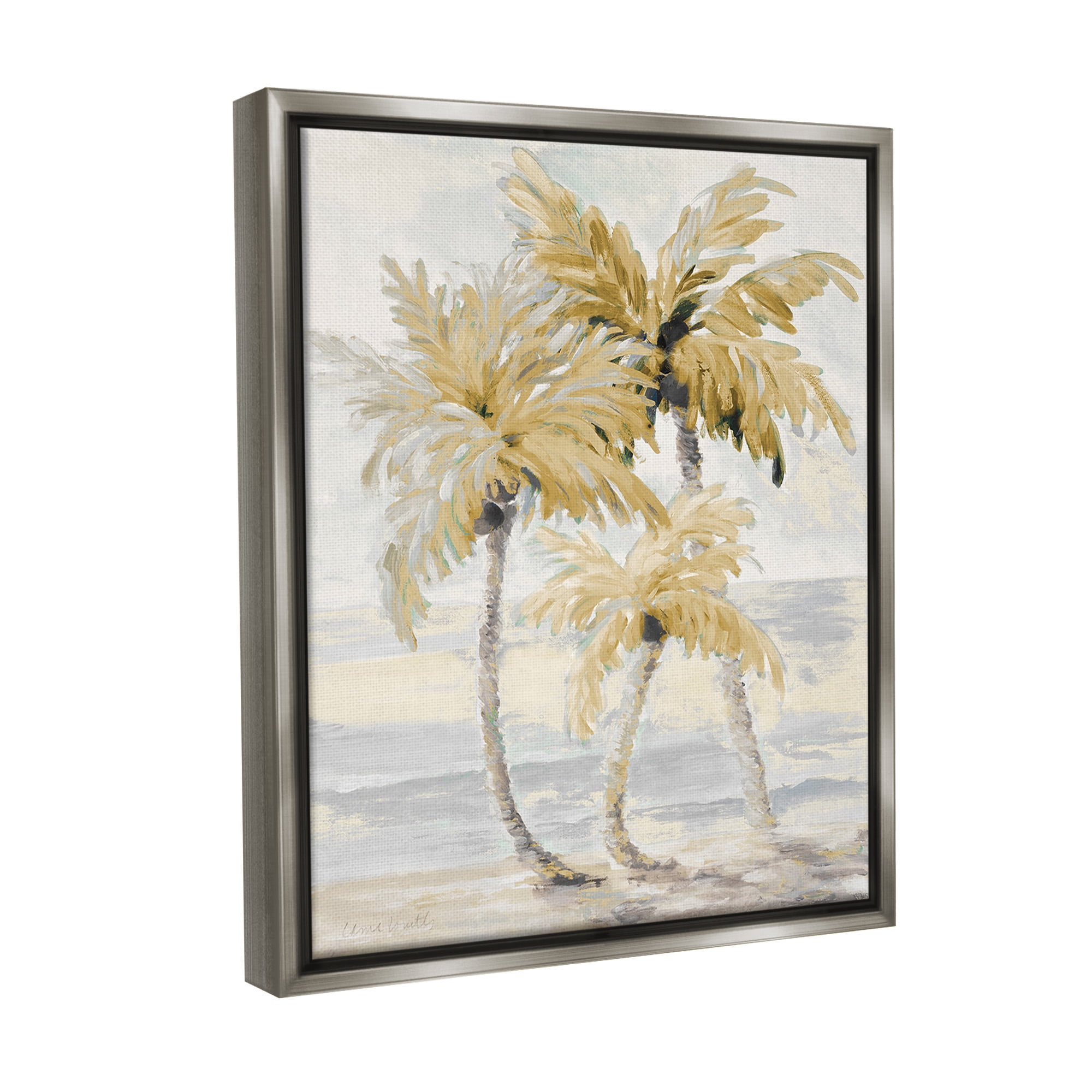 Stupell Industries Neutral Beige Palm Trees Landscape Painting Gray Floater Framed Canvas Art Print Wall Art, 17 x 21