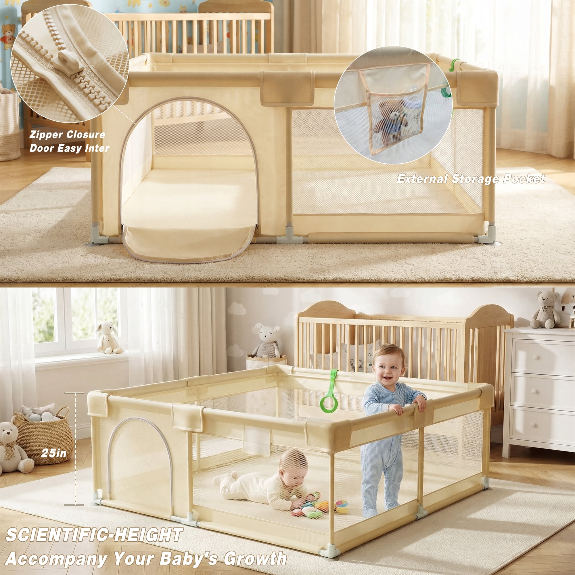 Easy4Home Extra Large Baby Playpen 71"x60" Toddler Play Yards Safety Fence, Beige