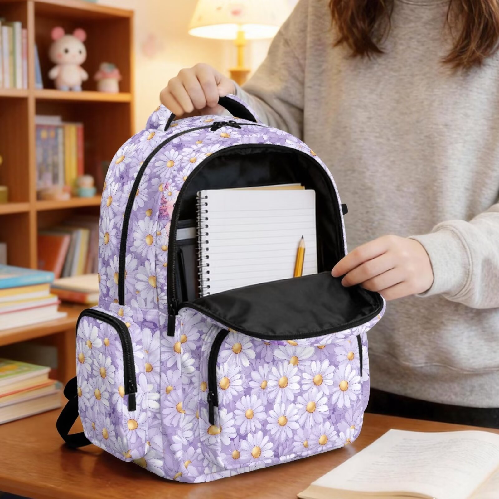 Mochila escolar de 17 pulgadas con estampado de axolote y margaritas moradas, espaciosa, con múltiples bolsillos, ligera para adolescentes y niños 5
