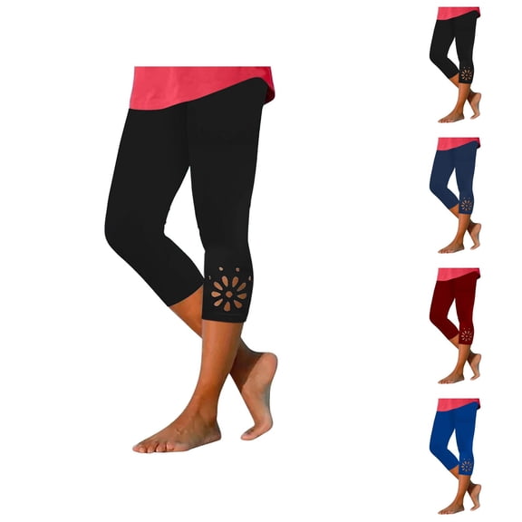 Capri Leggings for Women Summer Casual Elastic High Waisted Hollow out Hem Cropped Workout Yoga Pants
