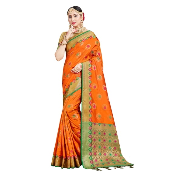 Sarees for Women Banarasi Art Silk Woven Sari - Indian Ethnic Gift Diwali Festival Saree with Unstitched Blouse Orange