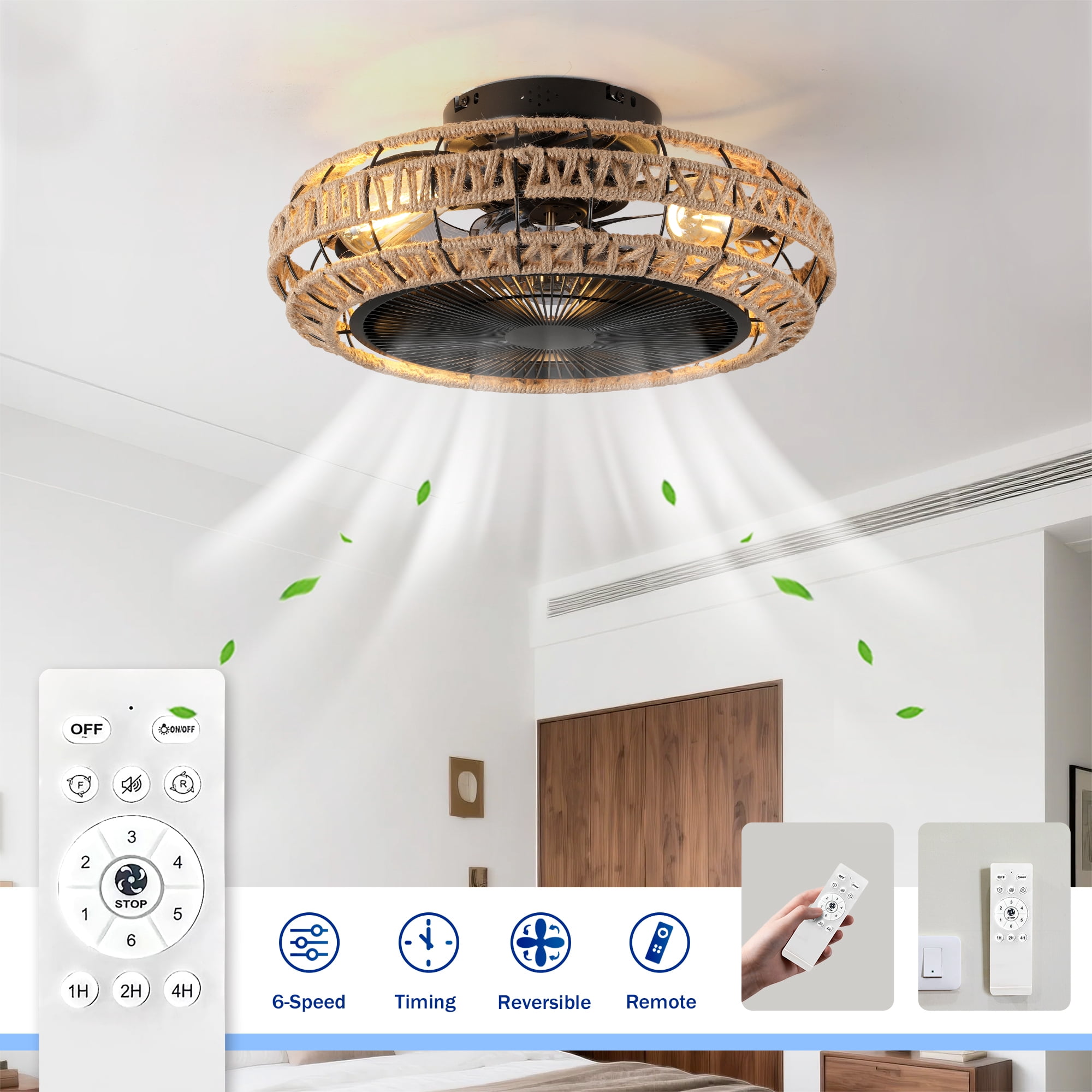 Leumius 20" Vintage Rope Fan Light with Light and Remote Control 6 Speed Adjustable Airflow Ceiling Fan for Living Room Bedroom Kitchen (NOT Included Bulbs)
