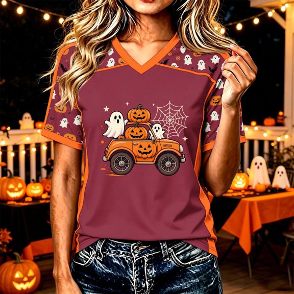 Women's V Neck Halloween Tops Short Sleeve Casual T-Shirts Funny Pumpkin Car Graphic Tees Flattering Blouses for Fall Holiday Party Everyday Activewear