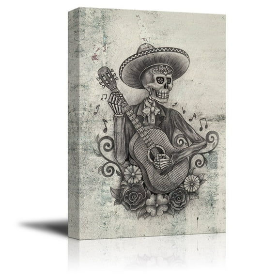 wall26 - Canvas Print Wall Art - Day of The Dead (Dia De Los Muertos) Themed Art Skull Playing Guitar - Gallery Wrap Modern Home Art | Ready to Hang - 32x48 inches