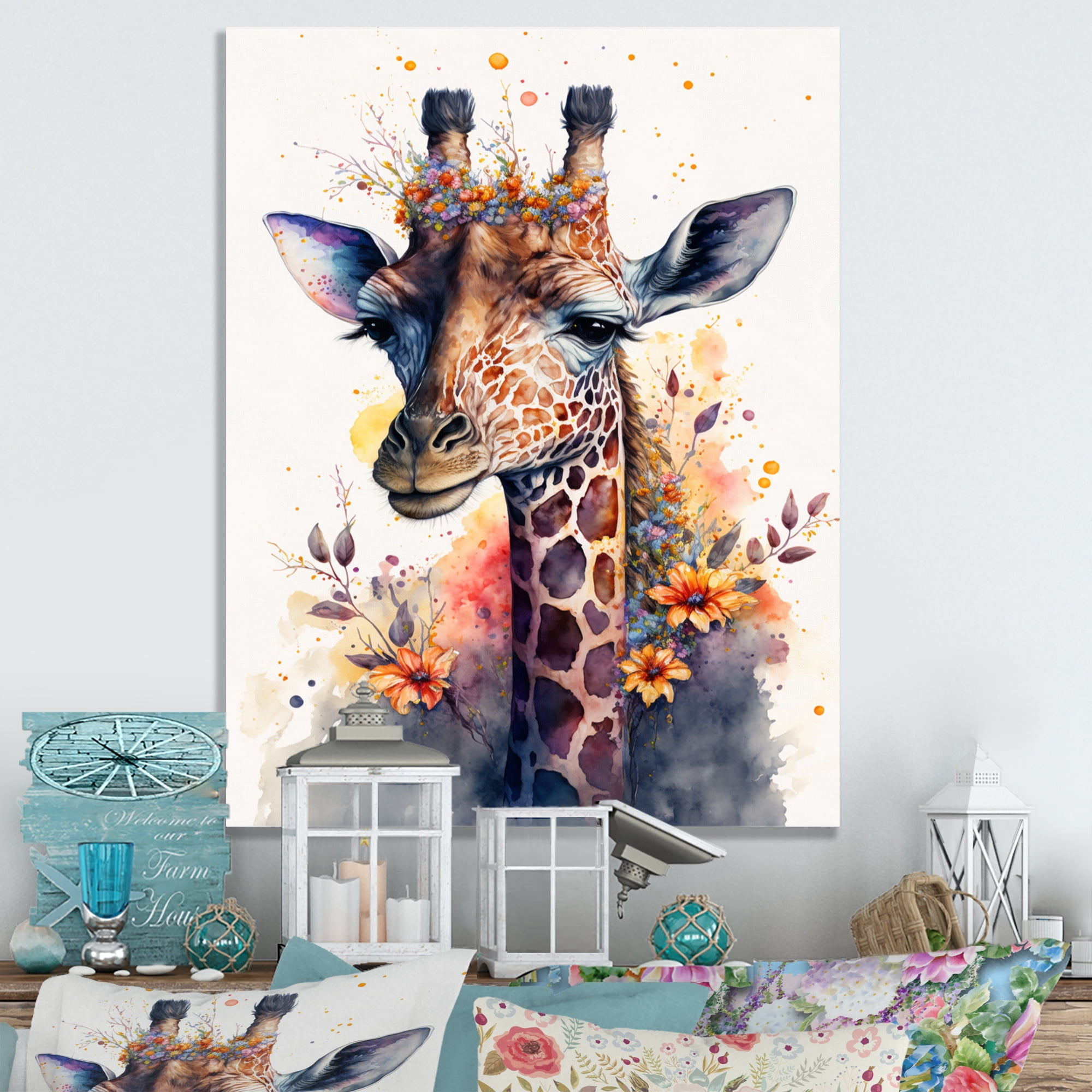 Designart Cute Giraffe Floral Art I Canvas Wall Art