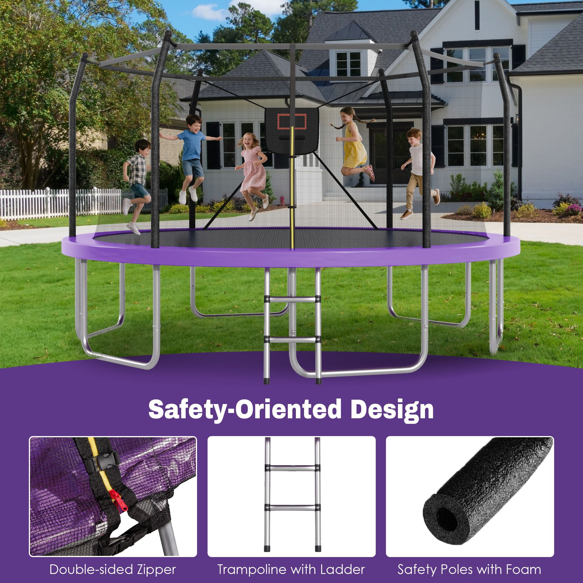 Alvantor 14ft Trampoline with Basketball Hoop & Lights, Outdoor Round Trampolines for Kids with Enclosure net Purple