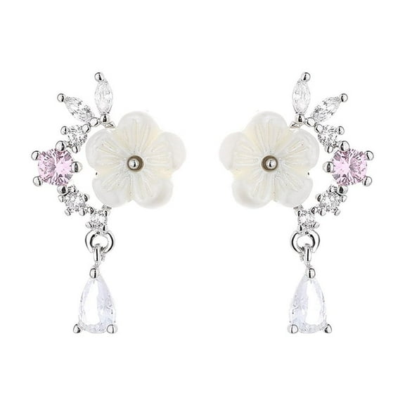 Sterling Silver and Pink Cat's-Opal Eye Flower Drop Earrings
