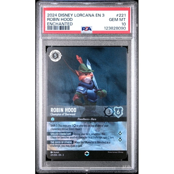 Lorcana TCG, PSA Graded 10 GEM MINT, Robin Hood Enchanted #221, Disney Lorcana En 3 Into The Inklands, Fully Encapsulated Bundle with Compatible Disney Lorcana Hard Sealed Case