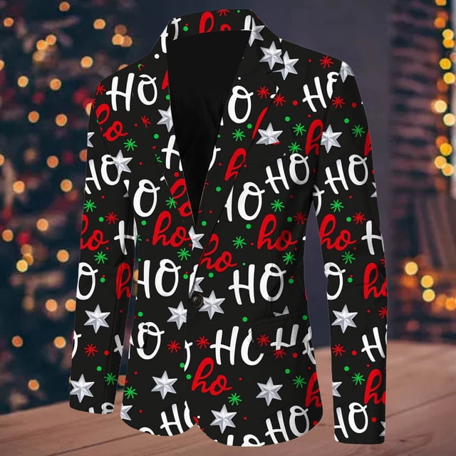 Men Christmas Snowflake Santa Printed Pocket Lapel Button Suit Jacket