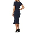 thumbnail image 3 of Unique Bargains Women's Vintage Work Short Sleeve Mermaid Bodycon Dress L Dark Blue, 3 of 6