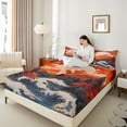 thumbnail image 4 of Feelyou Adult Ocean Waves Queen Sheet Sets, Mountain Fuji Orange Bed Set, 4 Pieces, 4 of 7