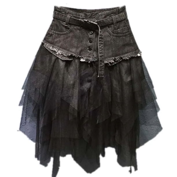Traje gótico para Mujer, vestido Medieval de tela vaquera con retales, falda asimétrica de tul con volantes y encaje, Faldas elegantes para fiesta de carnaval, 2022
