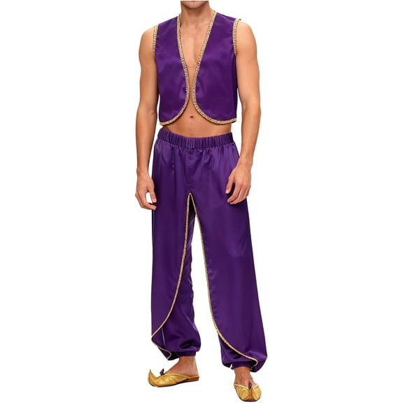 Aislor Mens Arabian Prince Role Play Persian Ara Genius Cosplay Vest Dhoti Pants Set Purple XL