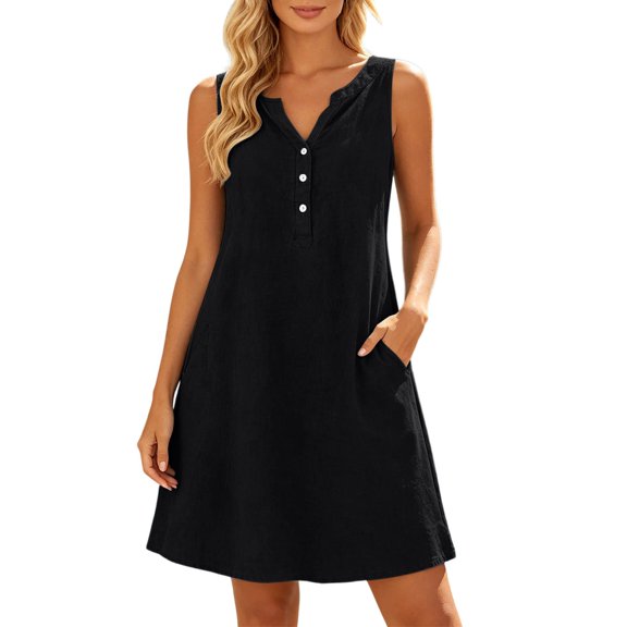 ZHOGXU Fashion Womens Knee Length Dresses Solid Color Round Neck Sleeveless Oversized Button Front With Pocket Beach Vacation Outfit