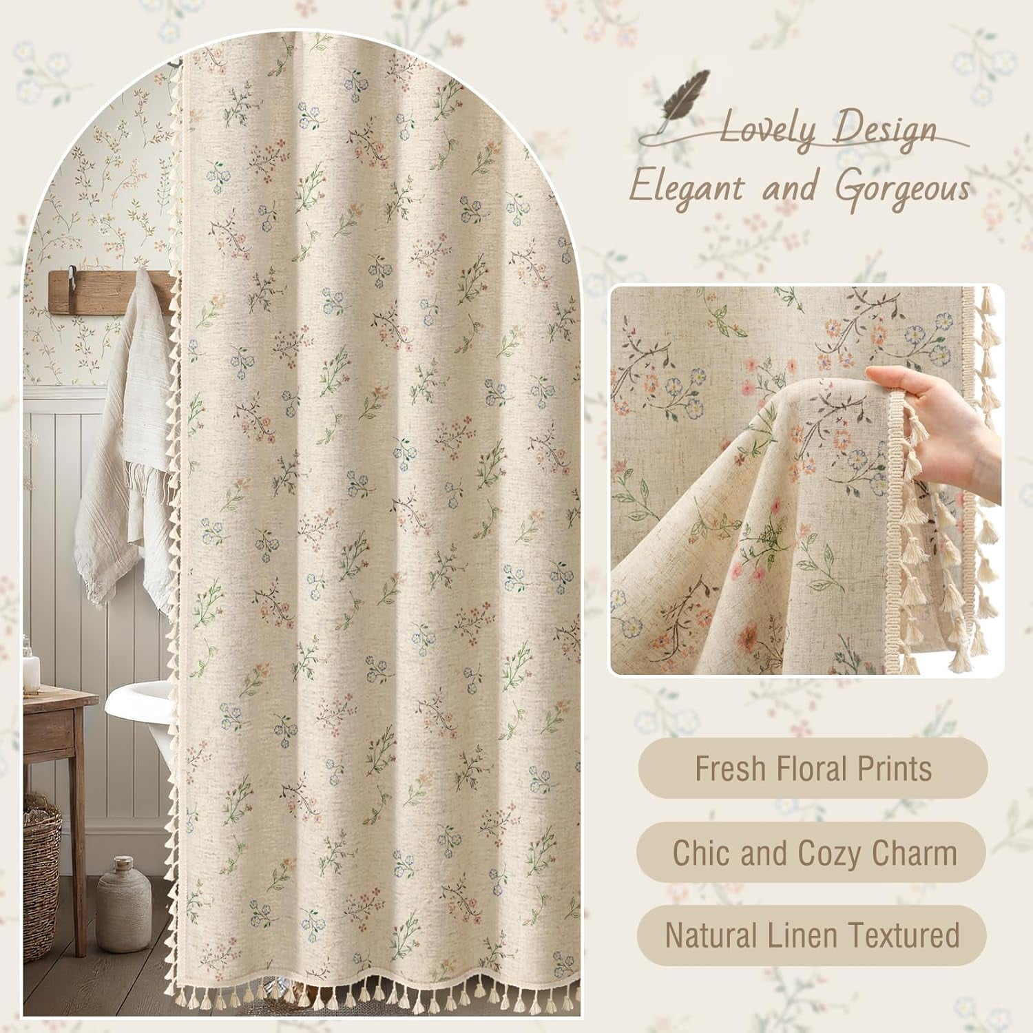 Psoiuetr Floral Farmhouse Vintage Linen Shower Curtain, French Country Shower Curtains for Bathroom with Tassels, 72Wx72H